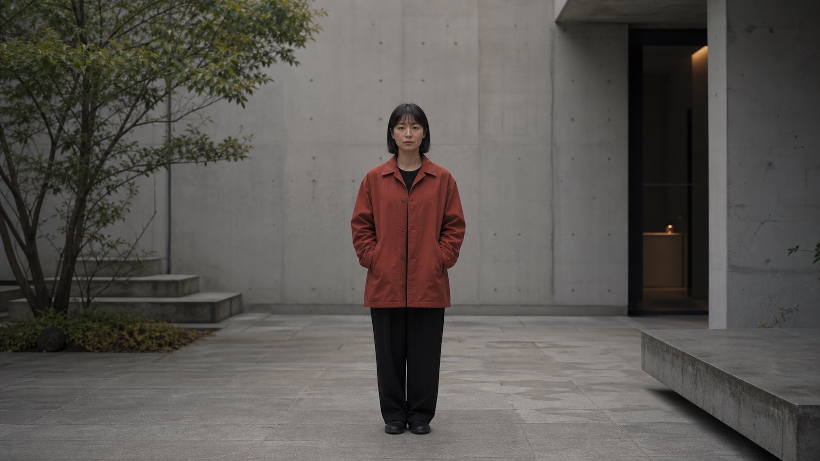 人物居中站在现代建筑庭院中的居中构图示例